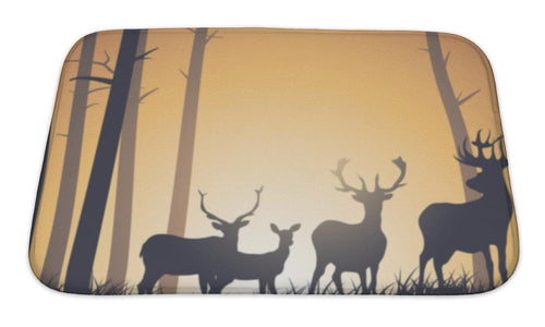 Bath Mat, Horizontal Illustration Of Wild Animals In Wood