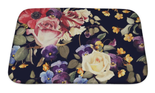 Bath Mat, Floral Pattern With Roses Watercolor