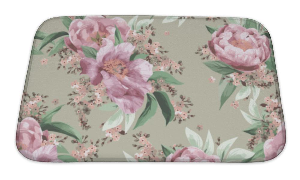 Bath Mat, Floral Pattern With Pink Roses