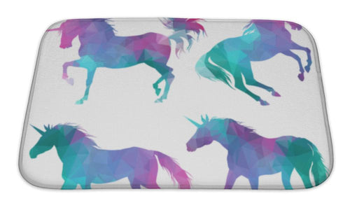 Bath Mat, Silhouette Of Unicorns Colorful Triangular Style