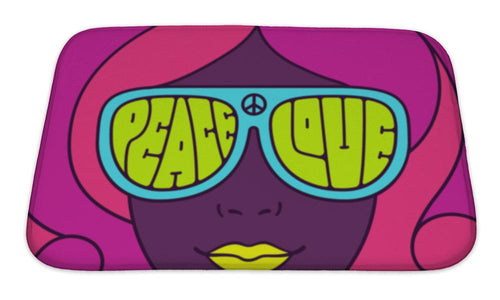 Bath Mat, Hippie Love And Peace Poster Retro Style Typography Pretty Girl In Neon Colors