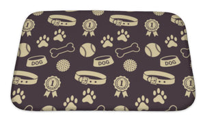 Bath Mat, Pattern With Dogs Stuff Collar Bowl Balls Bones Paw Prints And The Reward