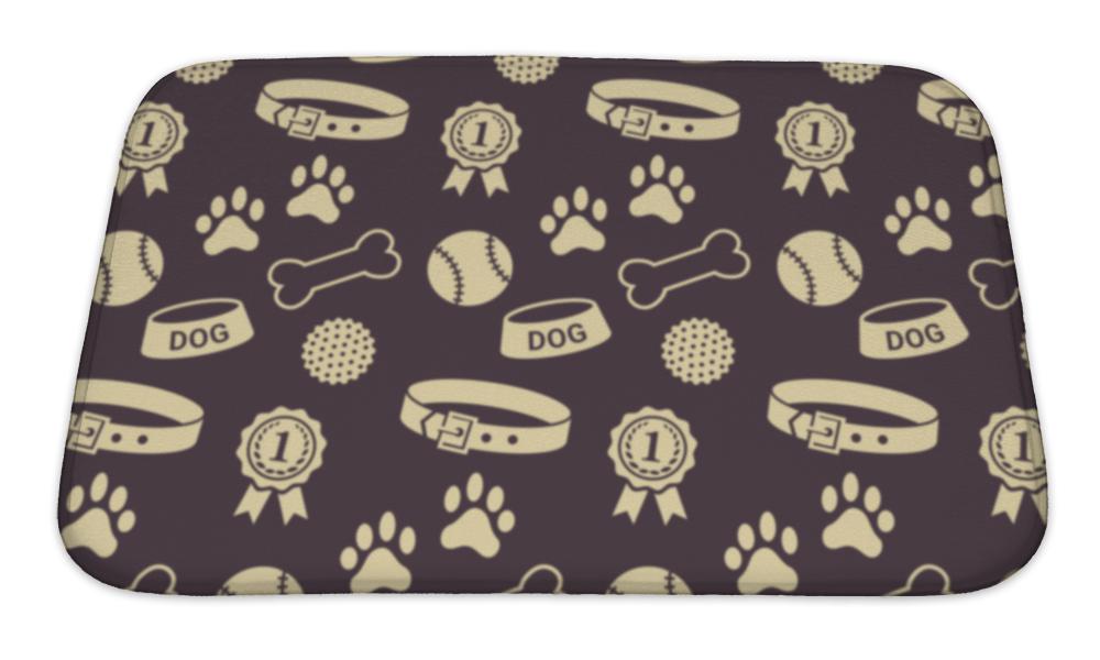Bath Mat, Pattern With Dogs Stuff Collar Bowl Balls Bones Paw Prints And The Reward