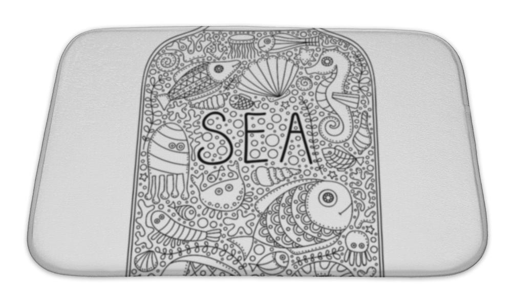 Bath Mat, Sea Jar Doodle Bottle With Sea Elements Fish Crab Bubbles Snail Shell Seastar