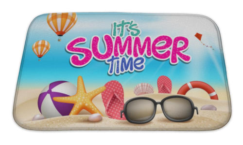 Bath Mat, Summer Time In Beach Sea Shore With Realistic Objects
