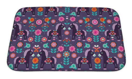 Bath Mat, Matryoshka Folklore Pony Illustration Retro Horse Pattern In