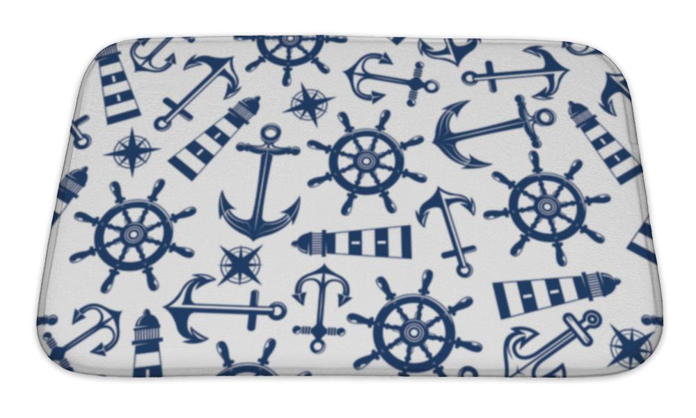 Bath Mat, Retro Nautical Pattern With Blue Ship Anchors And Helms Lighthouses And Vintage