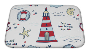 Bath Mat, Nautical Pattern With Lighthouses