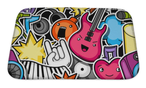 Bath Mat, Music Party Kawaii Pattern Musical Instruments Symbols And Objects In Cartoon