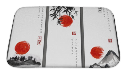 Bath Mat, Three Banners With Red Sun Bamboo Mountains And Island With Trees Traditional