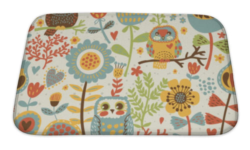 Bath Mat, Floral Pattern With Owl And Bird