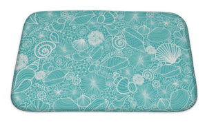 Bath Mat, Blue Seashells Line Art Pattern