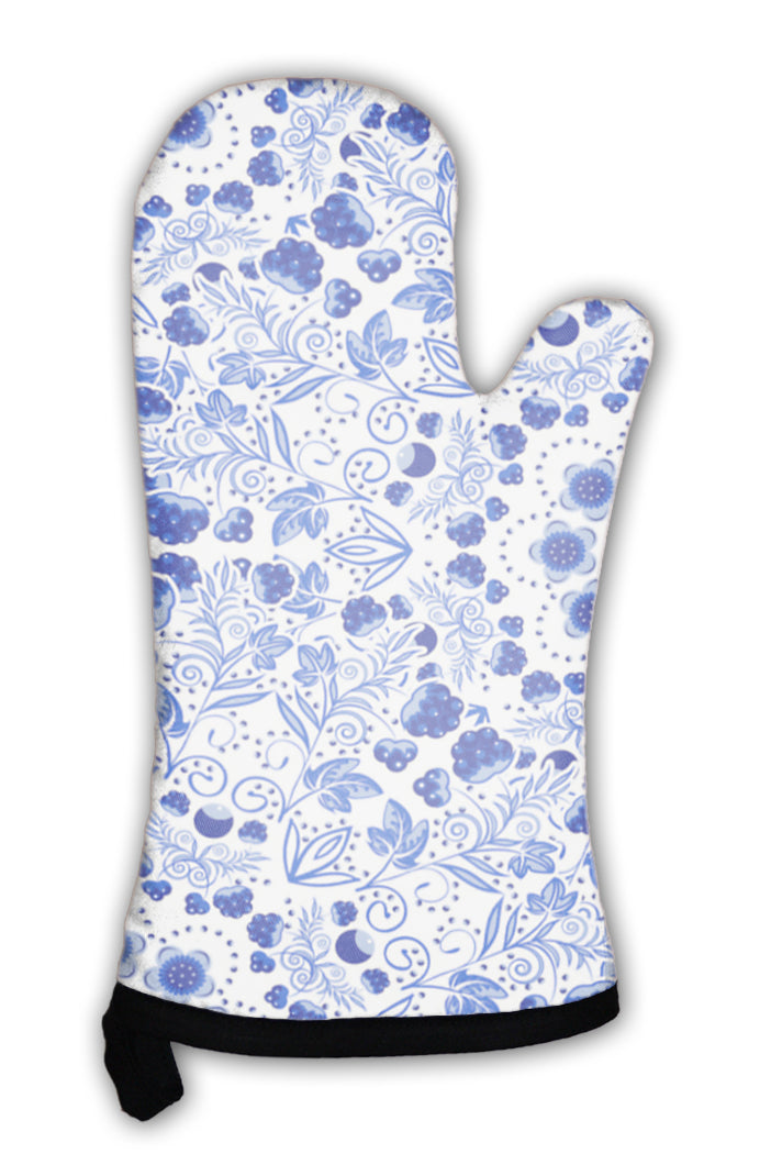 Oven Mitt, Floral Pattern Blue Ornament Of Berries And Flowers In The Style Of Chinese