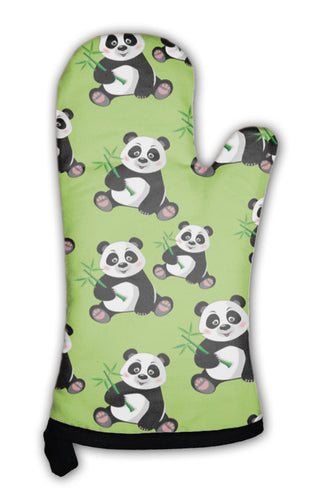 Oven Mitt, Pattern With Sitting Cute Panda And Bamboo