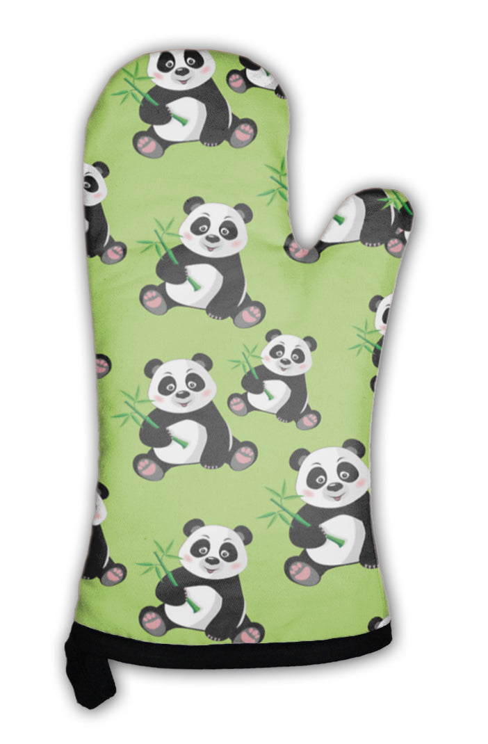 Oven Mitt, Pattern With Sitting Cute Panda And Bamboo