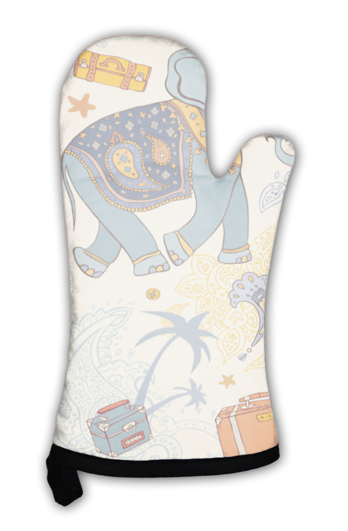 Oven Mitt, Illustration Of An Elephant Travel Pattern
