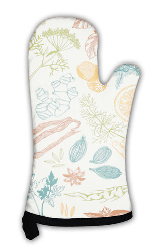 Oven Mitt, Pattern With Hand Drawn Spices And Herbs