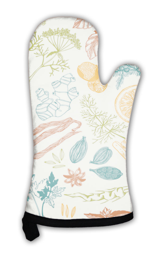 Oven Mitt, Pattern With Hand Drawn Spices And Herbs