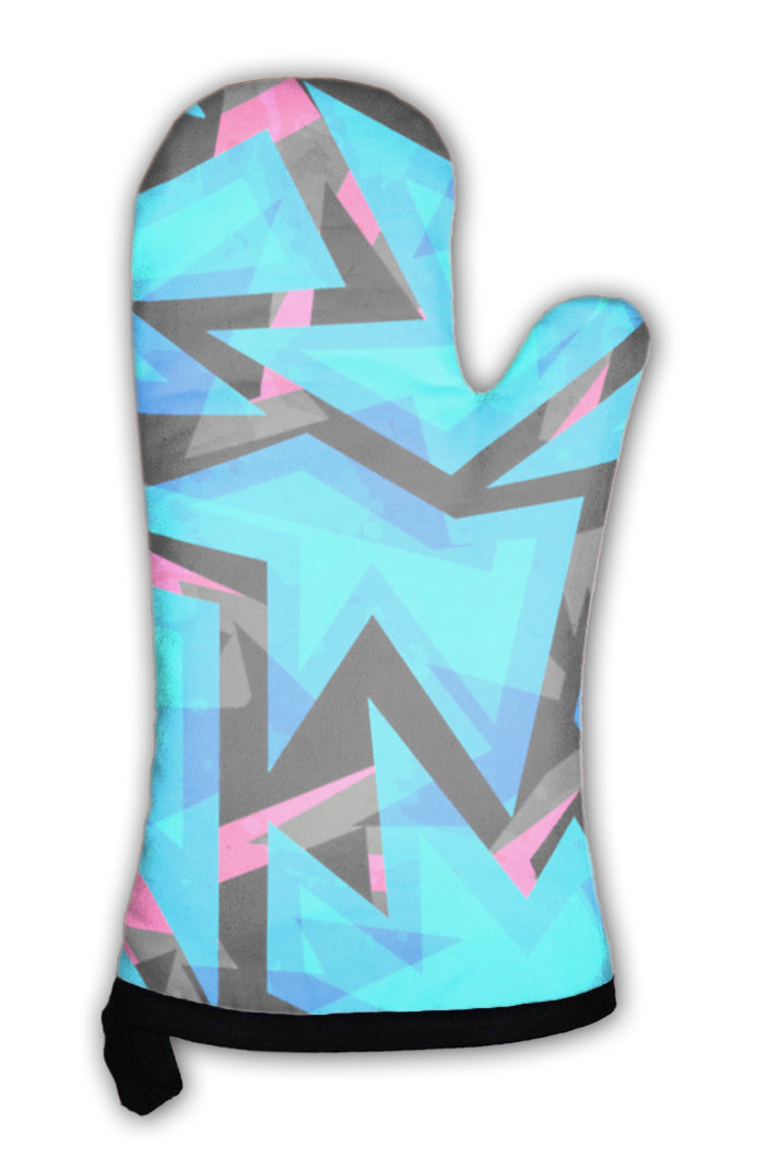 Oven Mitt, Blue Neon Geometric Pattern