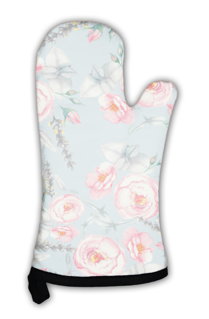 Oven Mitt, Hand Drawn Watercolor Floral Pattern With Tender Pink Roses In On The Light