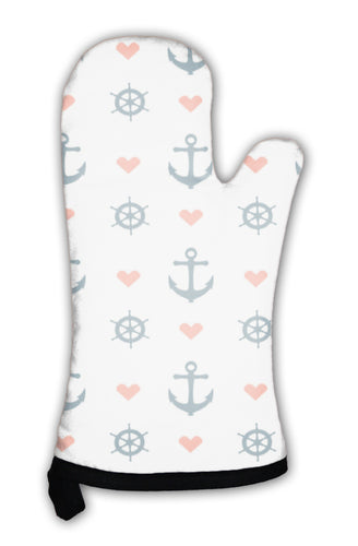 Oven Mitt, Nautical Pattern With Red Heart Anchors And Ship Wheels