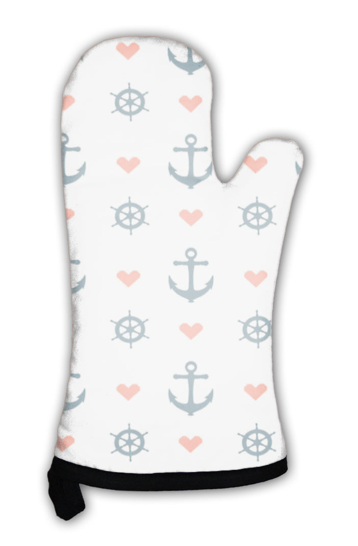 Oven Mitt, Nautical Pattern With Red Heart Anchors And Ship Wheels