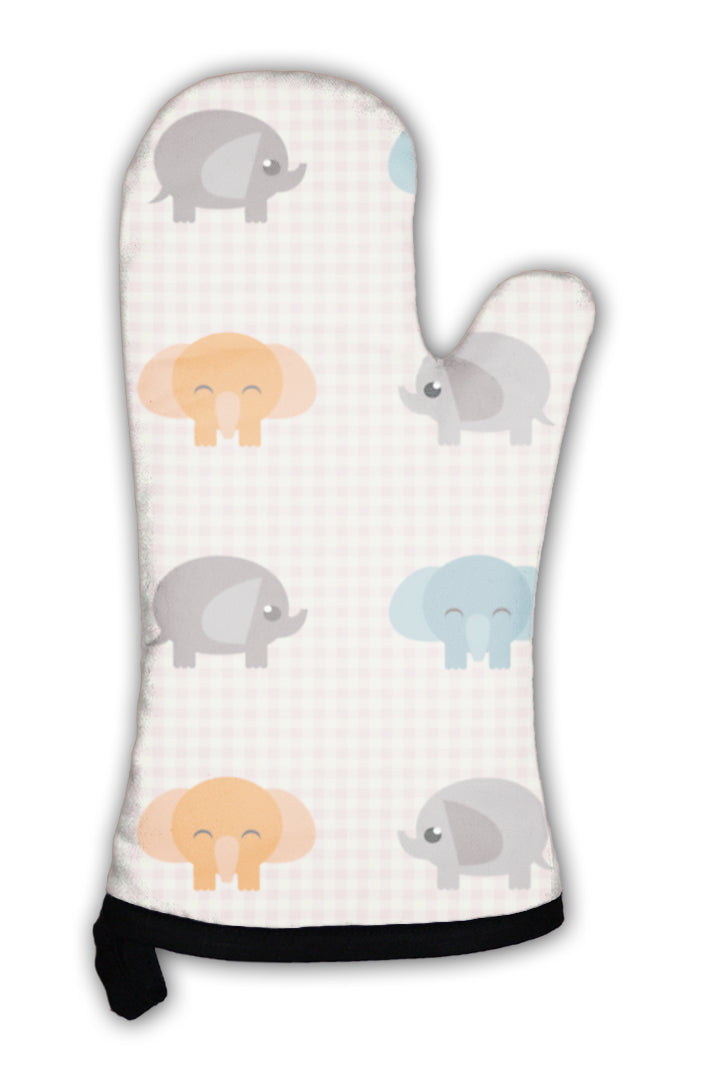 Oven Mitt, Checked Pattern With Cute Elephants