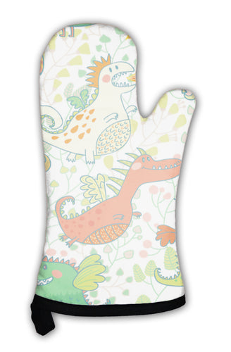 Oven Mitt, Funny Pattern With Dragons In Flower Garden