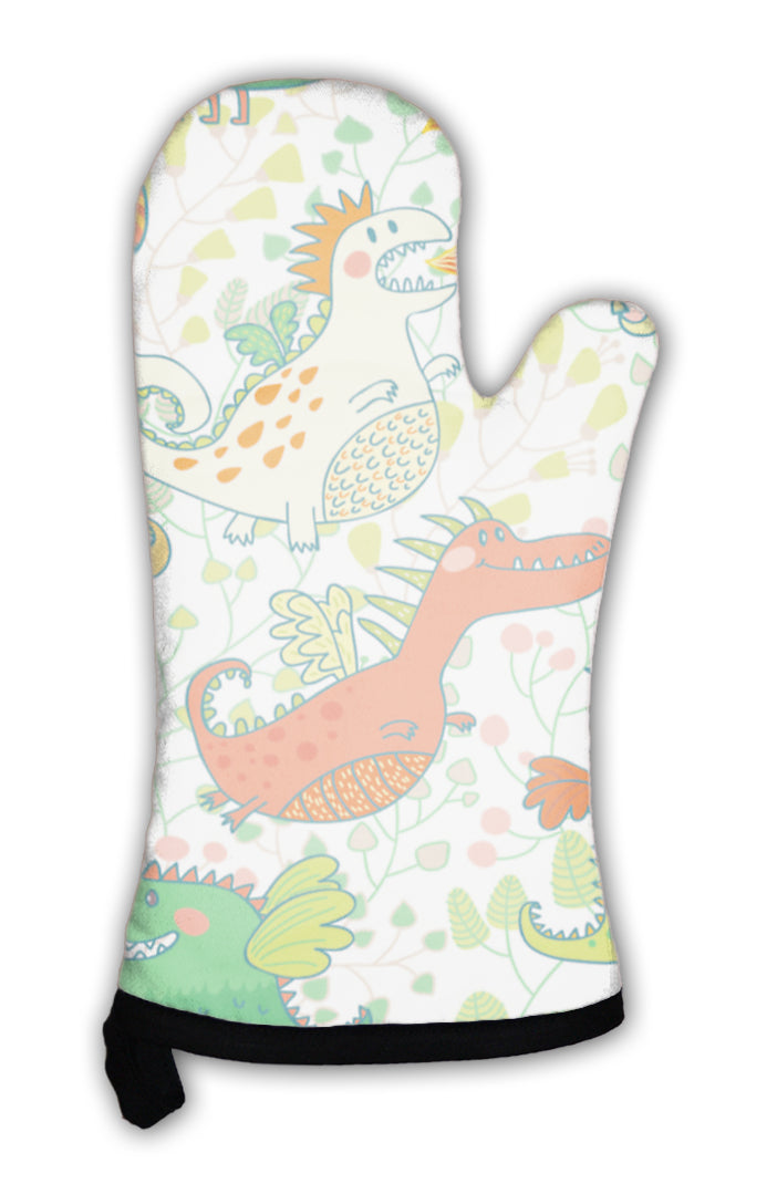 Oven Mitt, Funny Pattern With Dragons In Flower Garden