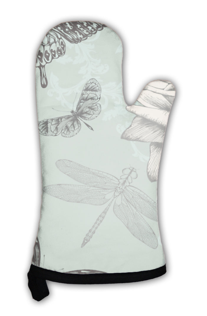 Oven Mitt, Pattern With Rose Decorative Butterflies And Dragonflies Hand Dr