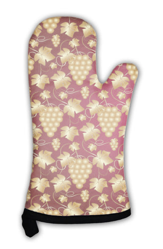 Oven Mitt, Golden Pattern On Red With Grapes And Leaves