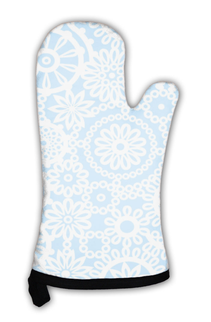 Oven Mitt, Blue And White Geometric Crochet Circle Flowers Pattern