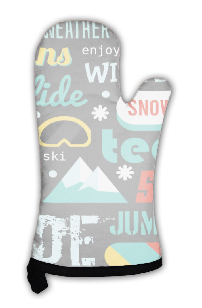 Oven Mitt, Pattern With Snowboarding Stuff And Words Flat Design