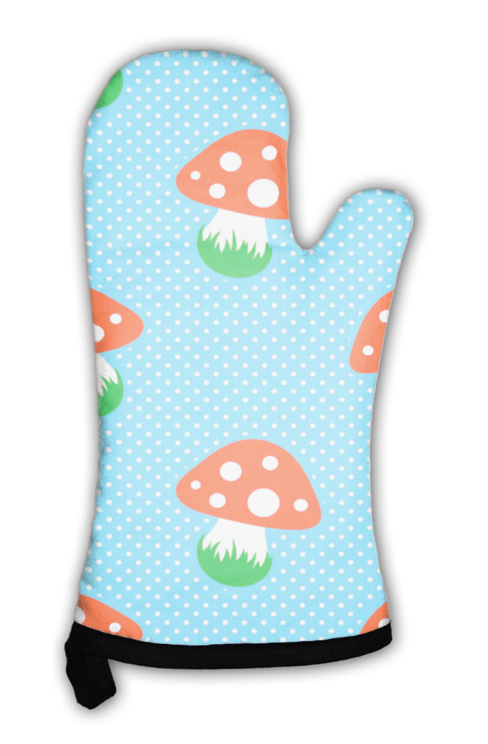 Oven Mitt, Blue Polka Dot Pattern With Red Toadstool Mushroom
