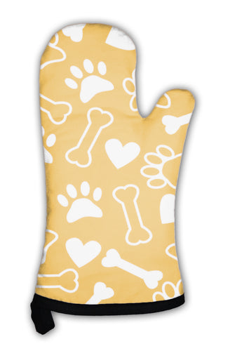 Oven Mitt, Pattern With Dog Paw Print Bone And Hearts