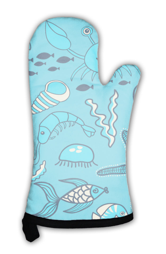 Oven Mitt, Pattern With Fish Crabseaweed Starfish Seahorse