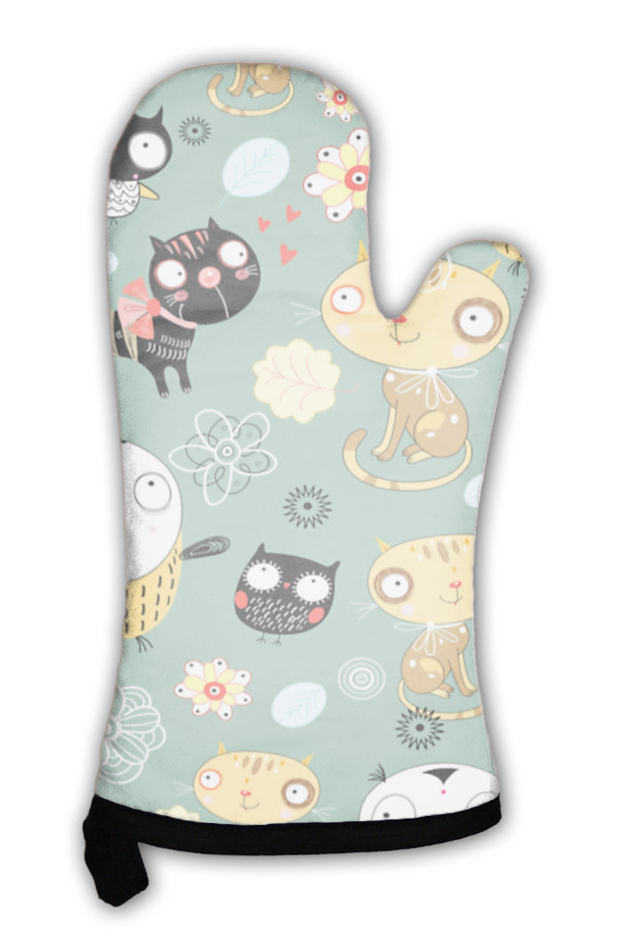 Oven Mitt, Pattern Of Cats And Owls