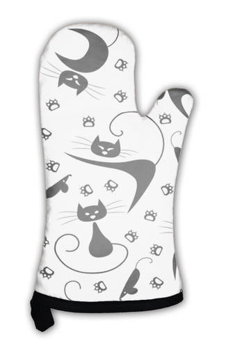 Oven Mitt, Pattern With Black Cats Paw Prints And Mice