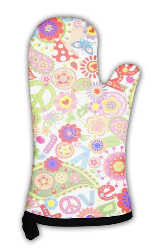 Oven Mitt, Hippie Childish Colorful Wallpaper With Mushrooms And Poppies