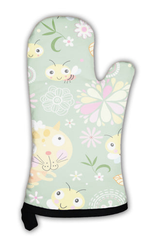 Oven Mitt, Floral Pattern With Bees And Kittens