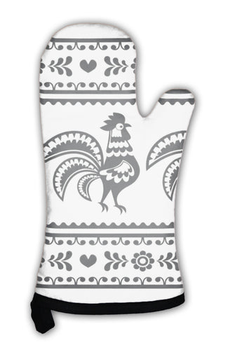 Oven Mitt, Polish Monochrome Folk Art Pattern With Roosters Wzory Lowickie