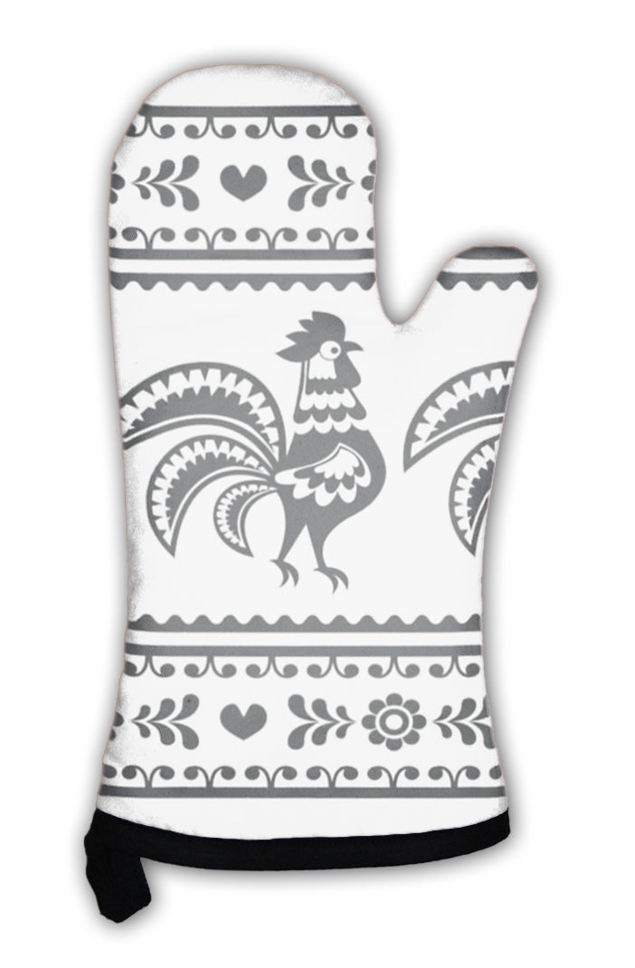 Oven Mitt, Polish Monochrome Folk Art Pattern With Roosters Wzory Lowickie