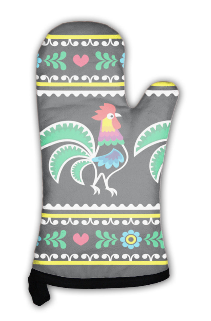 Oven Mitt, Polish Folk Art Pattern With Roosters On Black Wzory Lowickie Wycinanka