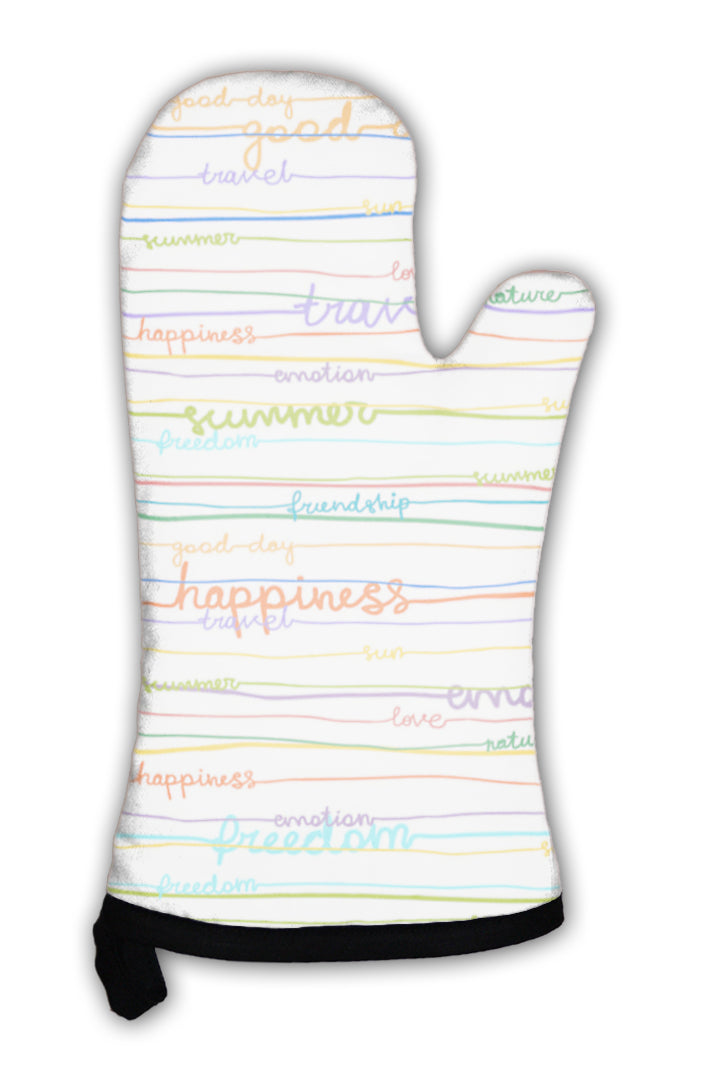 Oven Mitt, Hand Write Stripe Pattern With Words Love Nature Emotion Happiness Sun Freedom
