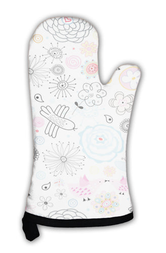 Oven Mitt, Floral Pattern With Birds In Love