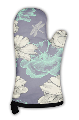 Oven Mitt, Pattern With Blooming Wild Roses And Dragonflies Vecto