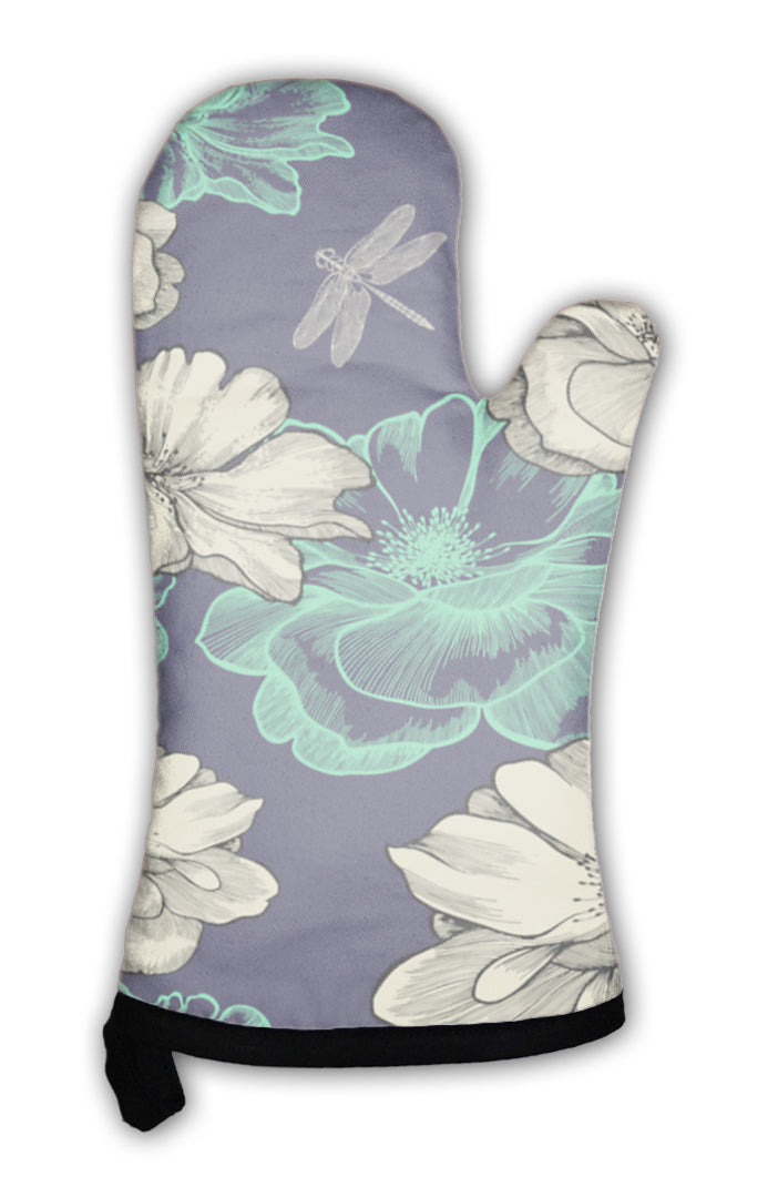 Oven Mitt, Pattern With Blooming Wild Roses And Dragonflies Vecto
