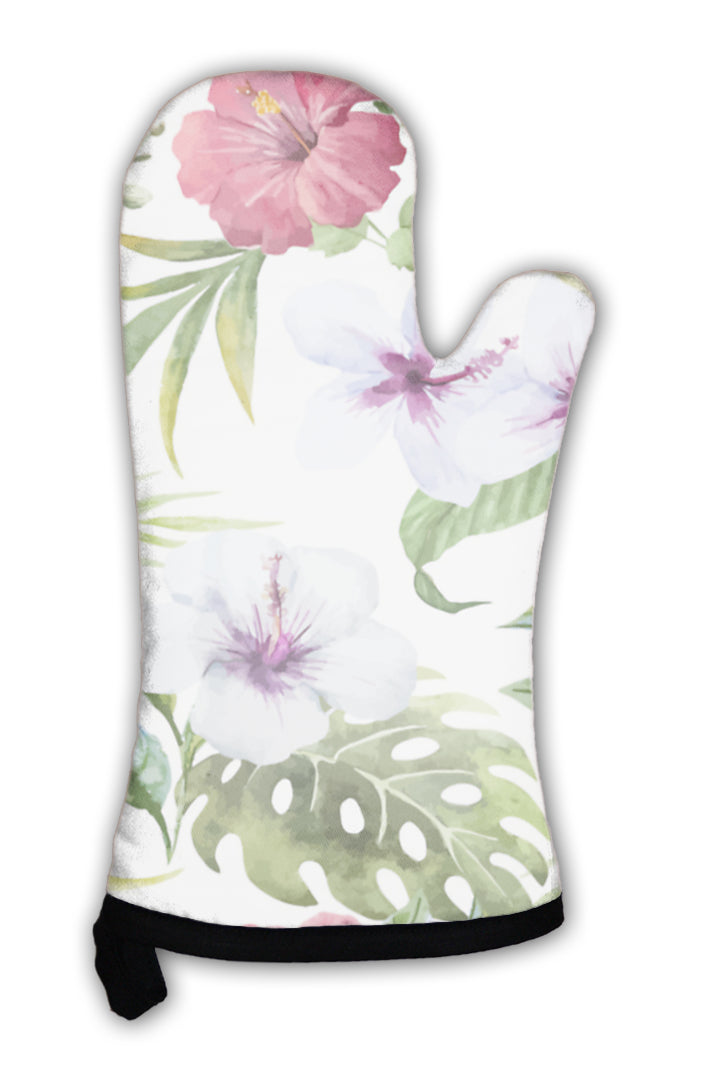 Oven Mitt, Watercolor Hibiscus Orchid White Palm Tropical Pattern Wallpaper