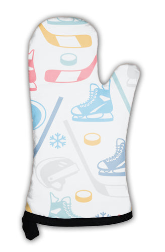 Oven Mitt, Sports Pattern With Hockey Equipment Flat Icons