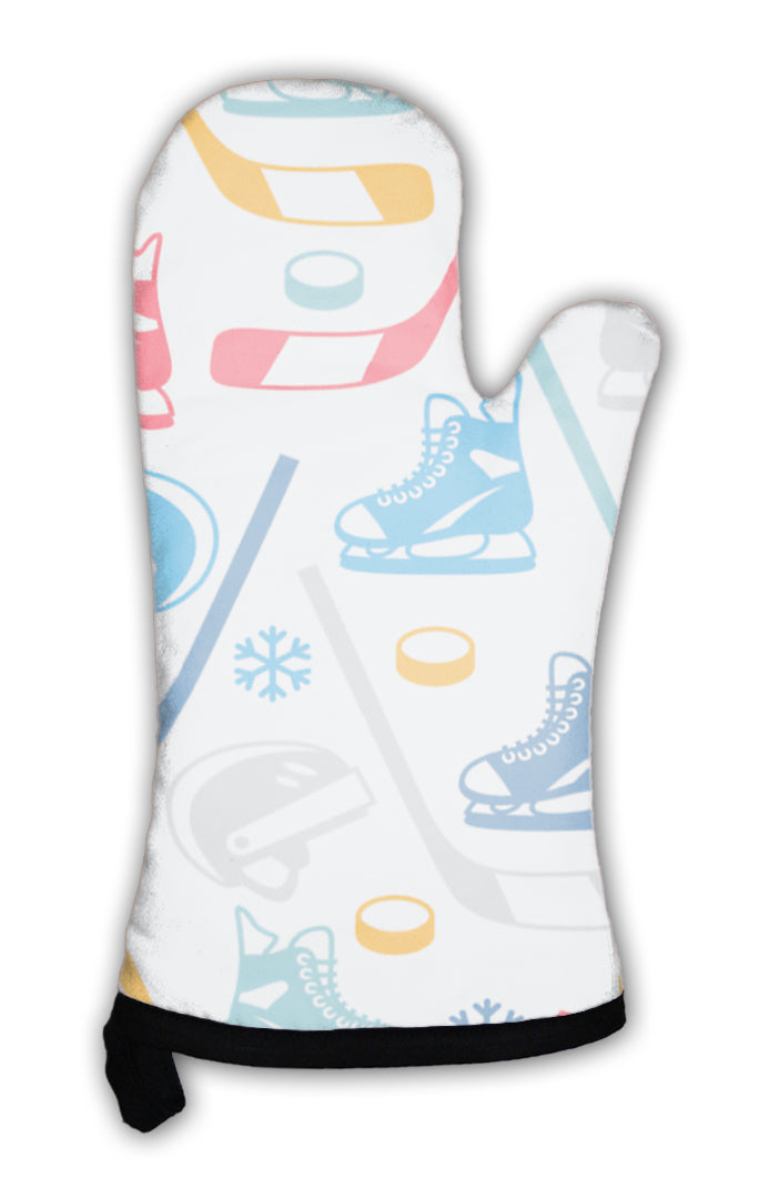 Oven Mitt, Sports Pattern With Hockey Equipment Flat Icons